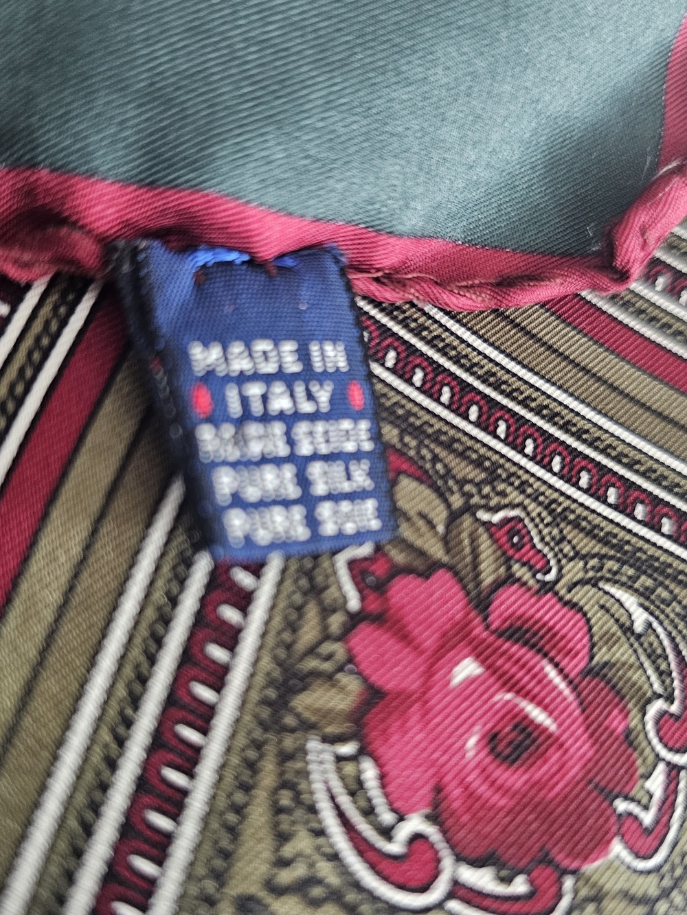 Vtg Italian Pure Silk Square Scarf Pink Roses Scroll Paisley Border Dark Green - Picture 7 of 8